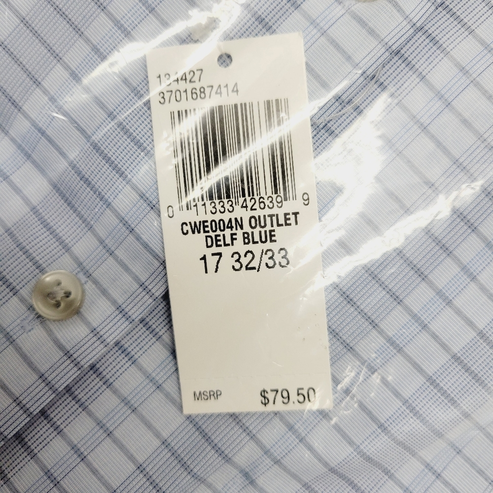 Calvin Klein STEEL+ Slim-Fit Non-Iron Stretch Blue Check Dress Shirt 17 32/33 XL - Picture 6 of 14